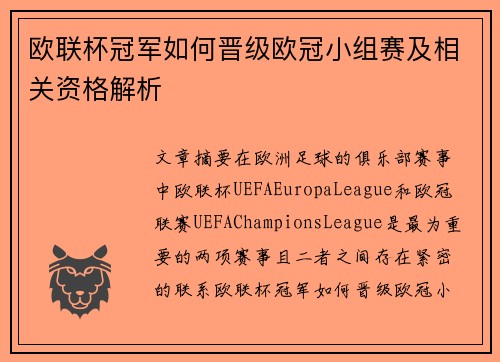 欧联杯冠军如何晋级欧冠小组赛及相关资格解析
